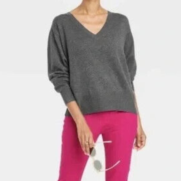 Women's Fine Gauge V-Neck Long Sleeve Sweater - A New Day (Size -L) GRAY - NEW!! - Picture 3 of 6